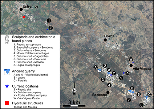 Mapa satelital que muestra la ubicación de piezas escultóricas y arquitectónicas, canteras antiguas, estructuras hidráulicas y sitios actuales relacionados con la cultura y arqueología en una región con varias localidades señaladas.

Descripción generada con IA