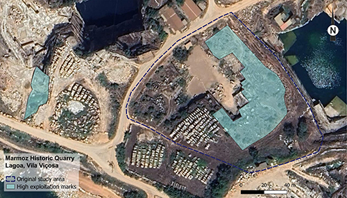 Vista aérea de una cantera histórica en Lagoa, Vila Viçosa, con áreas marcadas que indican la extensión original y las zonas de alta explotación.

Descripción generada con IA
