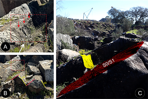 Formaciones rocosas al aire libre con líneas y áreas resaltadas en rojo y amarillo que indican fracturas y planos geológicos.

Descripción generada con IA