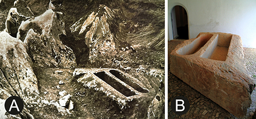 Excavación arqueológica con personas alrededor de una estructura rectangular de piedra con dos compartimentos y una fotografía moderna de la misma estructura en un espacio interior.

Descripción generada con IA