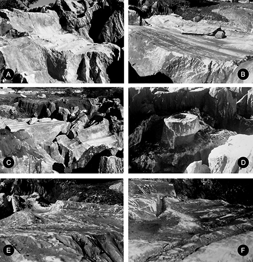 Formaciones rocosas irregulares y erosionadas en un entorno natural con diferentes ángulos y texturas visibles en seis imágenes en blanco y negro.

Descripción generada con IA