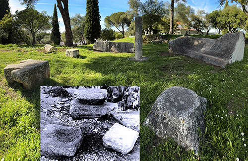 Restos arqueológicos de piedra en un área verde con árboles y un cielo azul, con una inserción en blanco y negro que muestra un detalle cercano de algunas piedras.

Descripción generada con IA