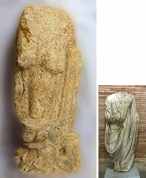 Dos esculturas antiguas de piedra, una con figura humana vestida con túnica y sin cabeza, y otra con formas erosionadas y detalles poco definidos.

Descripción generada con IA