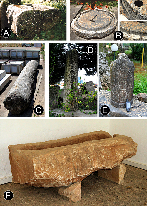 Varias estructuras y objetos antiguos de piedra y madera en diferentes entornos al aire libre y en interiores, algunos con inscripciones o marcas visibles.

Descripción generada con IA