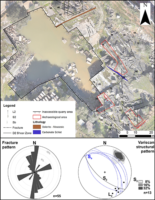 Mapa geológico con zonas arqueológicas y patrones de fractura y estructura varisca representados mediante gráficos circulares y leyendas de litología y zonas de cizalla.

Descripción generada con IA