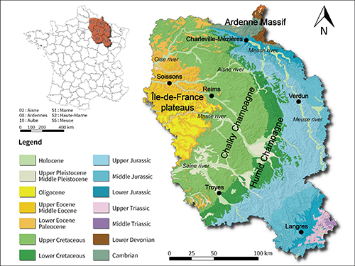 Mapa geológico detallado de una región francesa que muestra diferentes formaciones geológicas y ríos principales con una leyenda de colores para identificar las épocas geológicas.

Descripción generada con IA