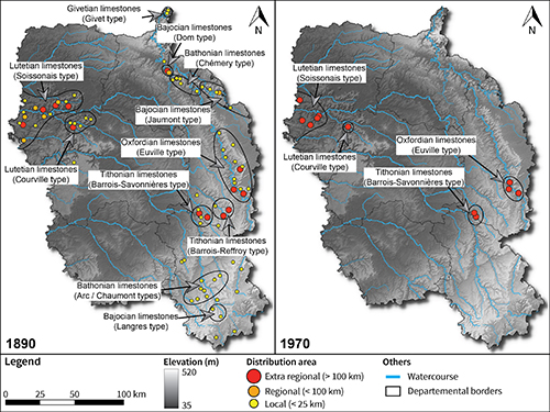 Mapa comparativo de la distribución y tipos de formaciones de piedra caliza en una región en los años 1890 y 1970 con indicación de áreas de extracción y límites departamentales.

Descripción generada con IA