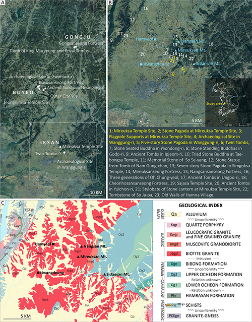 Mapa geológico y arqueológico que muestra sitios históricos, formaciones rocosas y ubicaciones de templos en una región con leyendas y detalles topográficos.

Descripción generada con IA