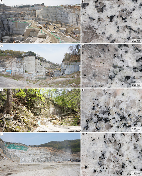 Canteras de piedra con maquinaria y montones de roca en diferentes etapas de extracción junto a imágenes en primer plano de texturas de piedra con granos blancos, negros y grises.

Descripción generada con IA