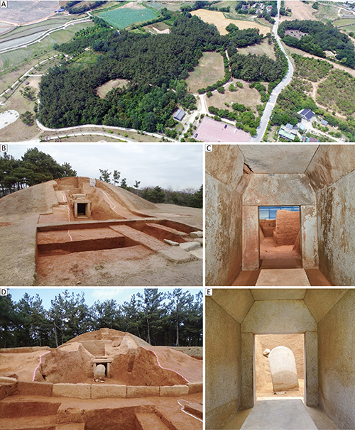 Vista aérea y varias perspectivas de una estructura arqueológica antigua rodeada de vegetación y caminos, mostrando entradas y cámaras interiores de piedra y tierra.

Descripción generada con IA